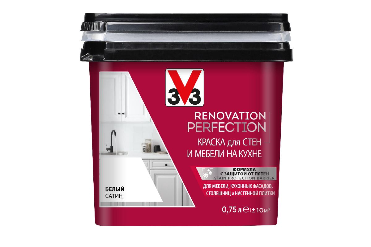 Краска v33 renovation perfection для стен и мебели на кухне белая