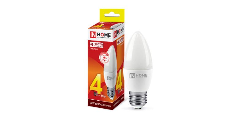 Лампа IN HOME LED-СВЕЧА-VC 4Вт 230В Е27 3000К 360Лм 4690612030111