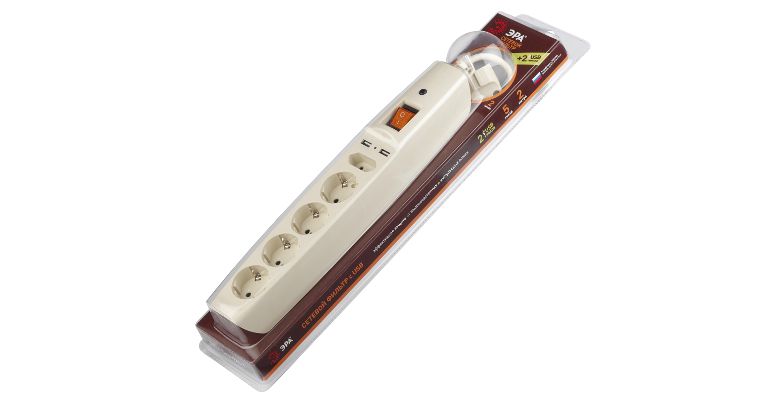 Сетевой фильтр ЭРА ПВС 3х0.75 5 гнезд+2 USB слоновая кость SFU-5es-2m-I