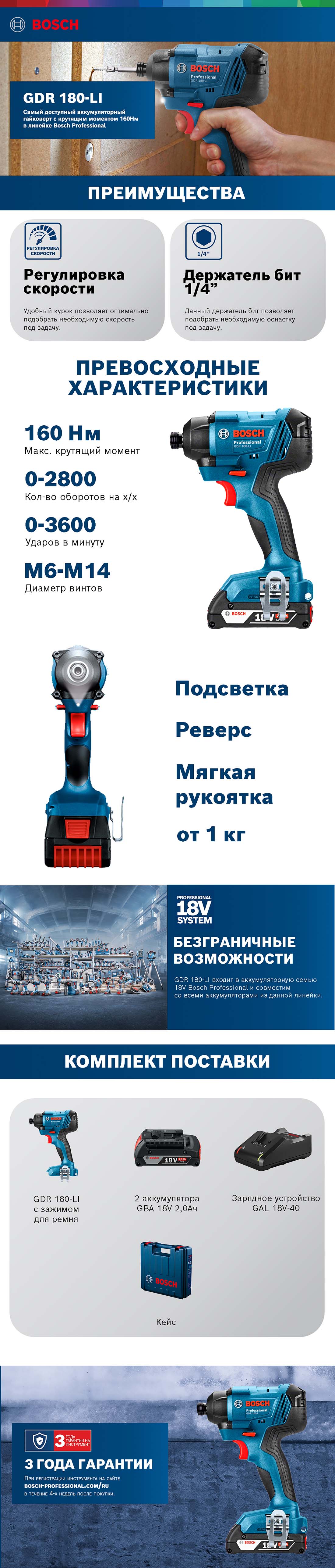 Гайковерт аккумуляторный Bosch GDR 180-Li (06019G5123) - цена, фото и  инструкция - купить в Москве, СПб и РФ